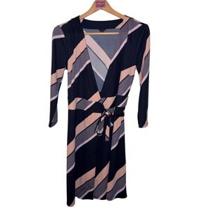 Ann Taylor Womens Navy Striped Long Sleeve V-Neck Wrap Dress Size 4